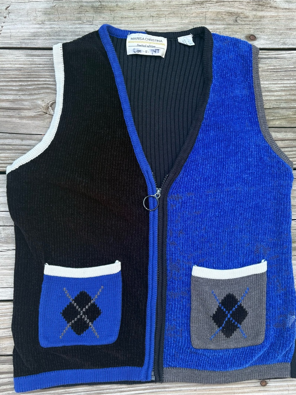 Vintage Marisa Christina Argyle Colorblock Knit Zip Up Sweater Vest Blue Black